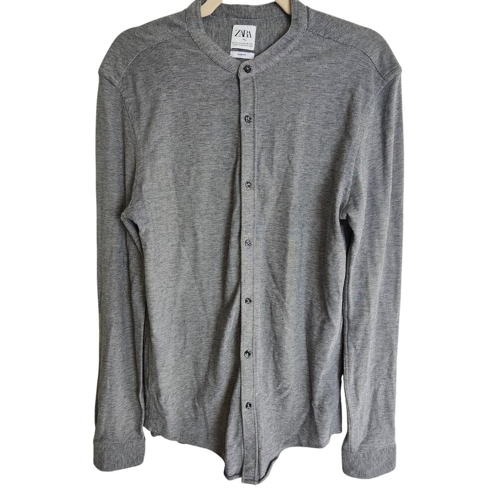 Zara Men’s Band Collar Grey Button-Up Long Sleeve Shirt